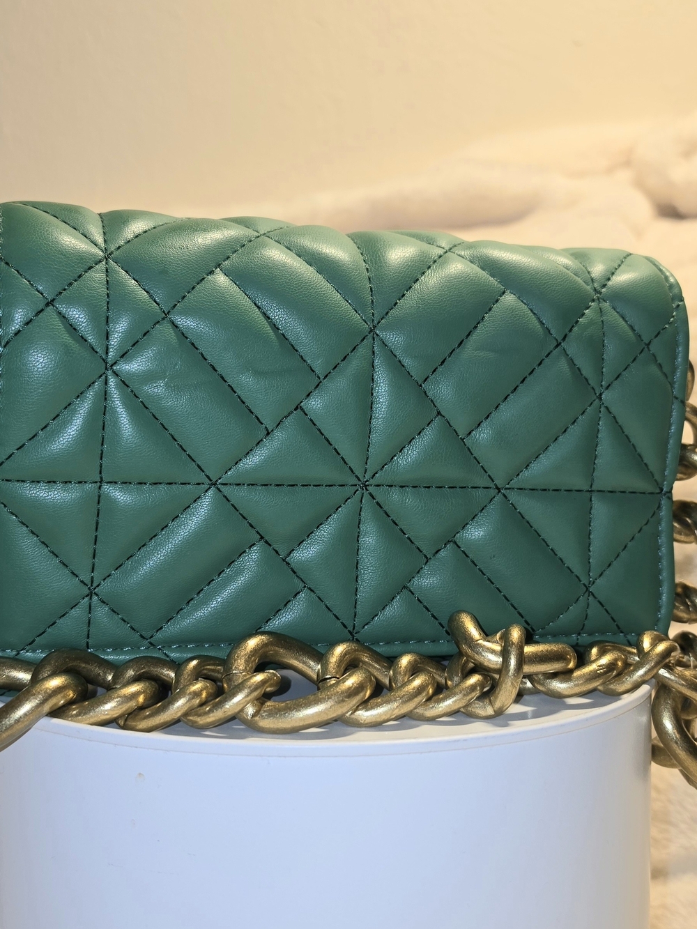 Zara Quilted Teal Leather Shoulder Bag with Gold Chain